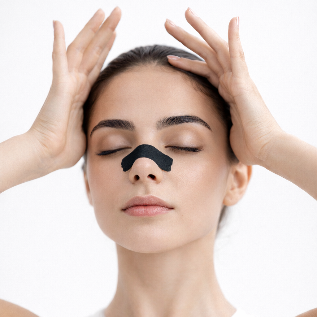 Woman with a black spot on her face against a white background