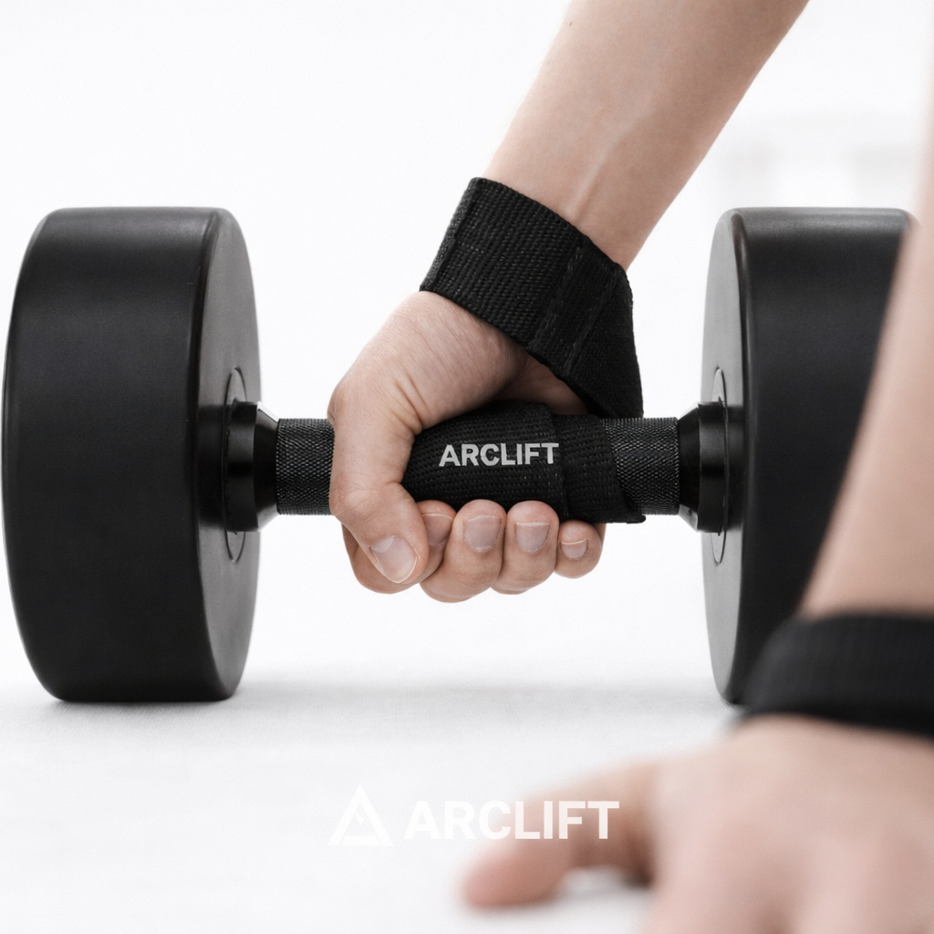 Person holding a black dumbbell with 'ARCLIFT' branding on a light background