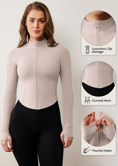 Women'S Workout Jacket Lightweight Zip up Cropped Yoga Jackets Slim Fit Athletic Tops with Thumb Holes