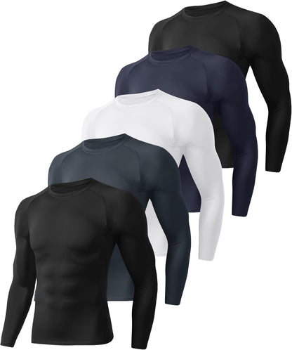 5 Pack Long Sleeve Compression Shirts for Men - Black Quick Dry Workout Base Layer Undershirt Top for Athletic Gym Running