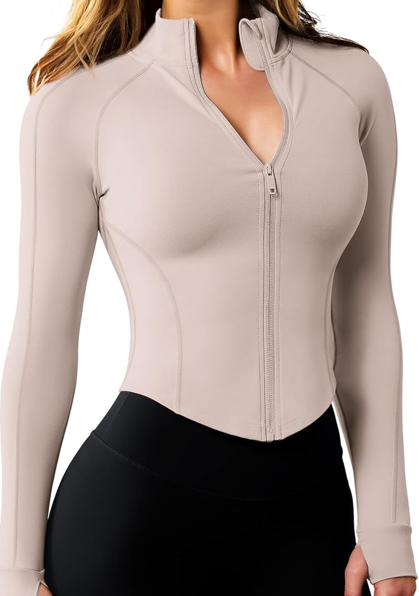 Women'S Workout Jacket Lightweight Zip up Cropped Yoga Jackets Slim Fit Athletic Tops with Thumb Holes