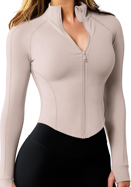 Women'S Workout Jacket Lightweight Zip up Cropped Yoga Jackets Slim Fit Athletic Tops with Thumb Holes
